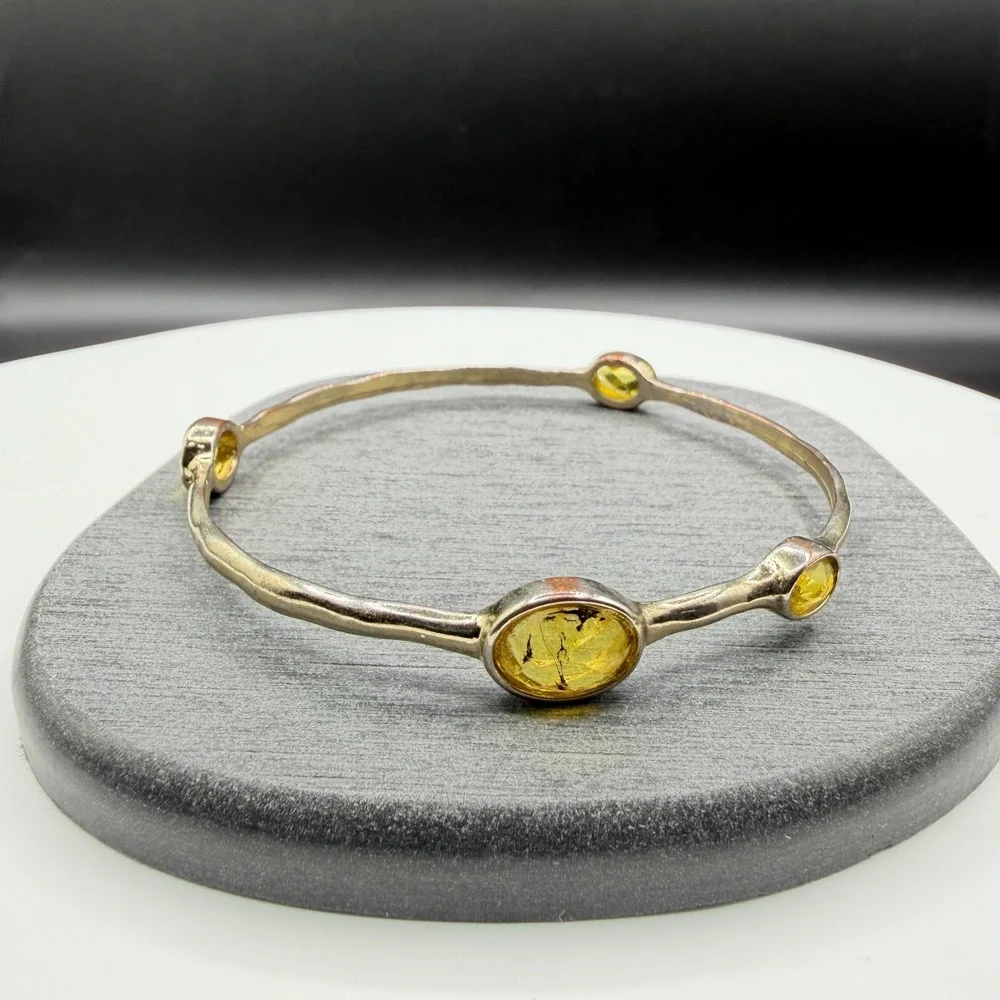 Yellow Crystal Silver Tone Bangle Bracelet Bezel Set Boho Statement Jewelry